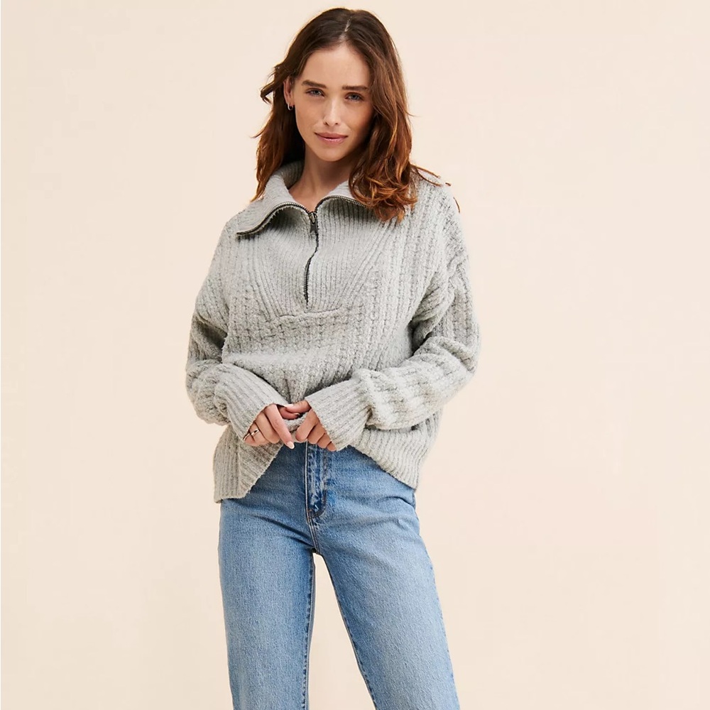 We The Free Soft Ribbed Half-Zip Pullover in Light Gray